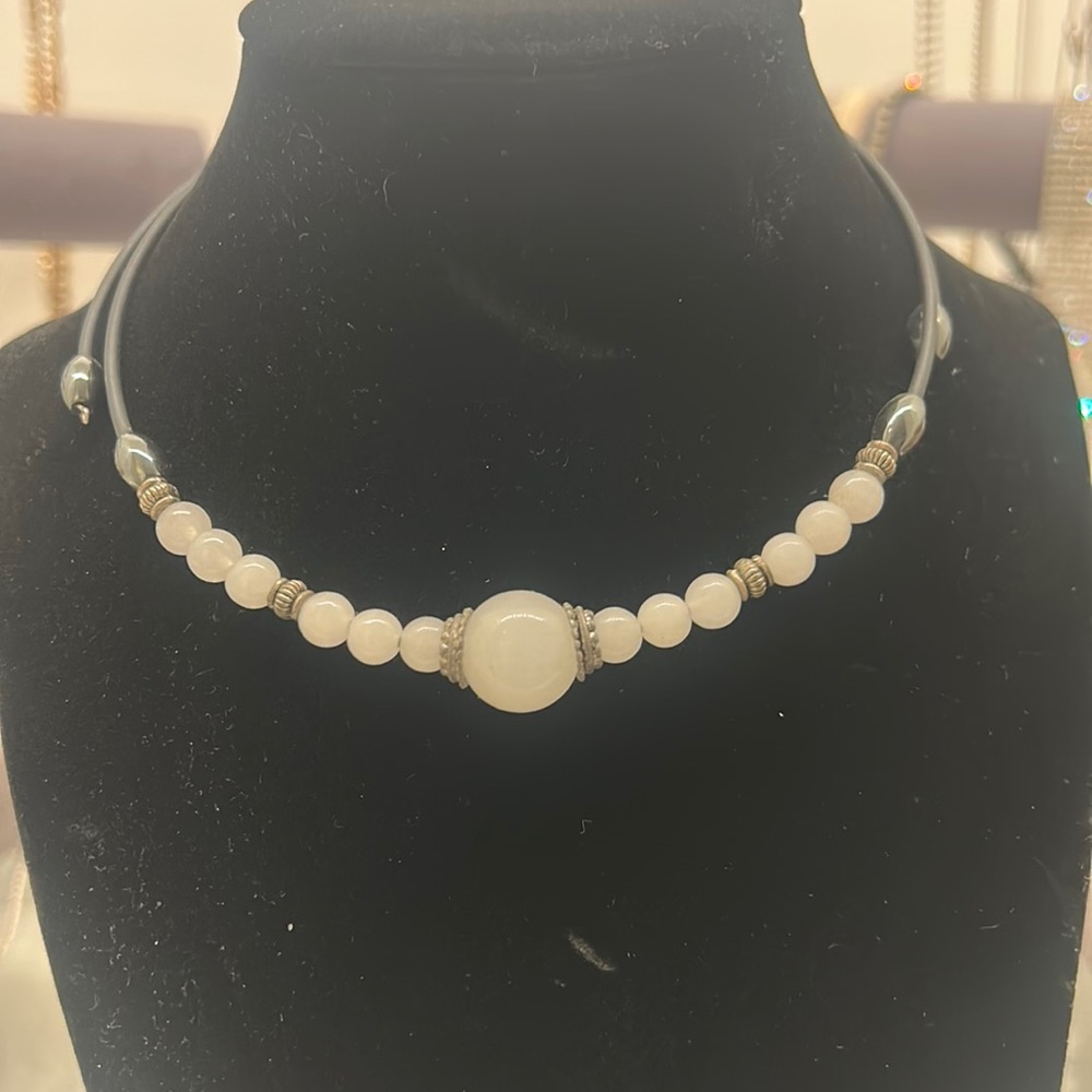 Glass bead Opal pearlescent white antique silver trim adjustable choker necklace